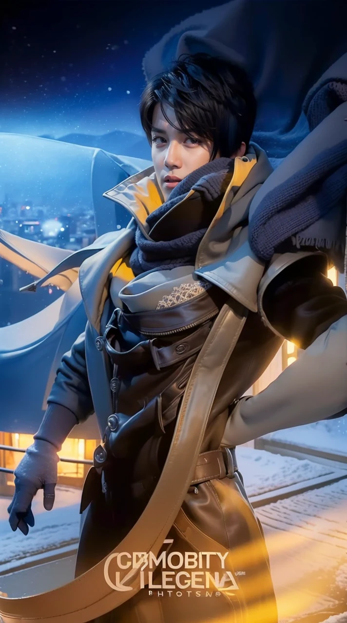 best quality, masterpiece, (photorealistic:1.4), 1boy, solo, short hair, big eyes, black coat,scarf, jeans, full body, dramatic lighting, cowboy shot, looking at viewer, standing, outdoors, snow, cityscape, streets, buildings,