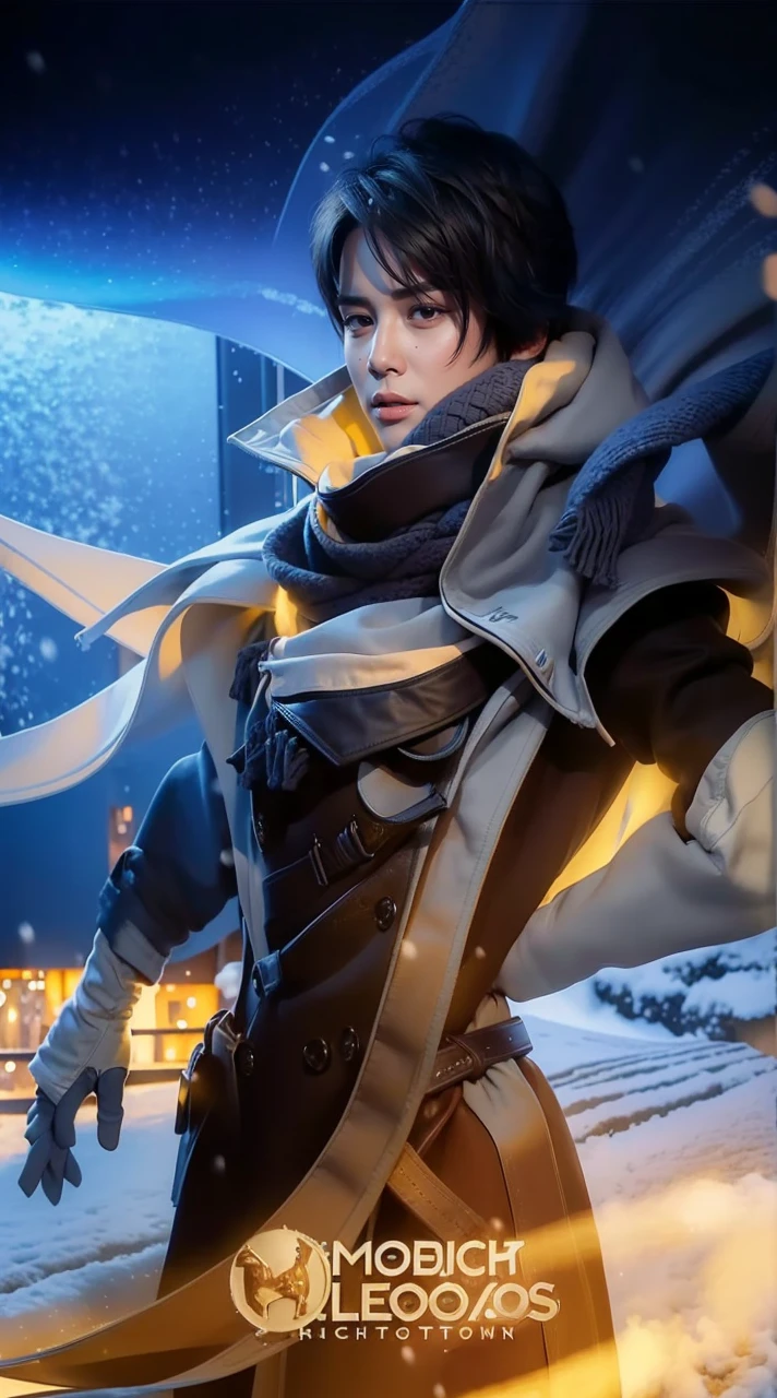 best quality, masterpiece, (photorealistic:1.4), 1boy, solo, short hair, big eyes, black coat,scarf, jeans, full body, dramatic lighting, cowboy shot, looking at viewer, standing, outdoors, snow, cityscape, streets, buildings,