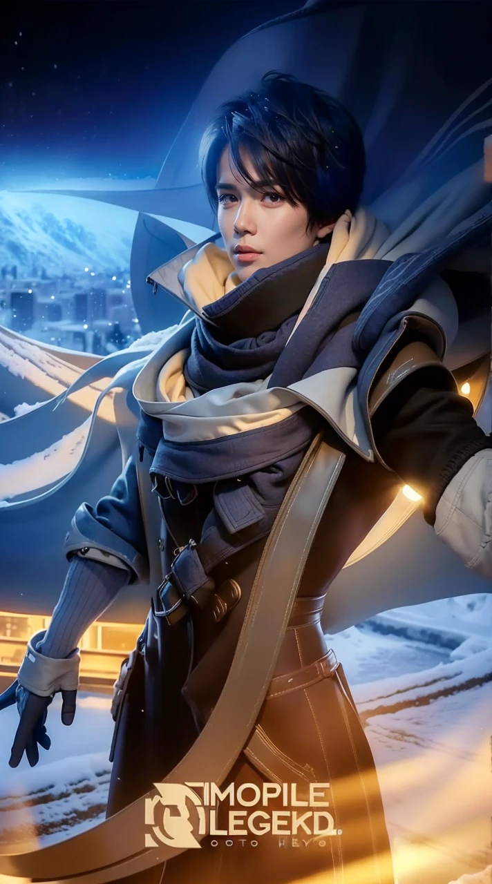 best quality, masterpiece, (photorealistic:1.4), 1boy, solo, short hair, big eyes, black coat,scarf, jeans,   full body, dramatic lighting, cowboy shot, looking at viewer, standing, outdoors, snow, cityscape, streets, buildings,