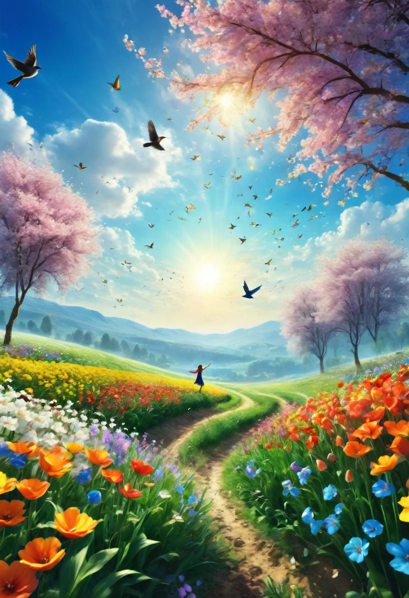 A person picking flowers in a field. Beautiful scenery of flower field on spring morning. In the blue sky, Flying Bird. Cinema Lighting. Satisfaction. Ultra HD. Very detailed. A person picking flowers in the foreground