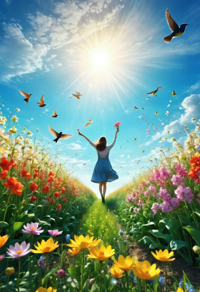 A person picking flowers in a field. Beautiful scenery of flower field on spring morning. In the blue sky, Flying Bird. Cinema Lighting. Satisfaction. Ultra HD. Very detailed. A person picking flowers in the foreground 