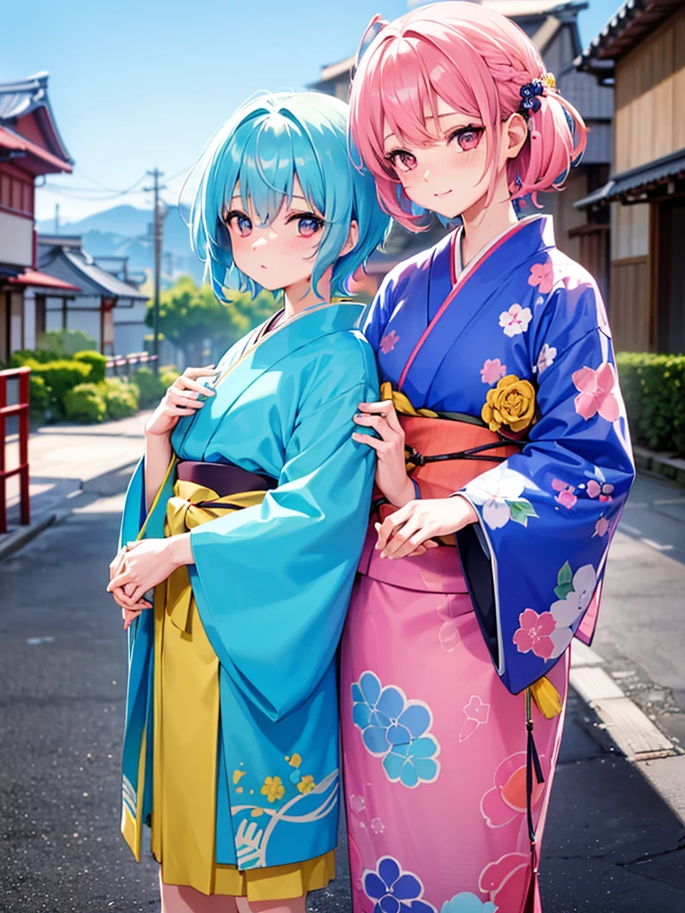 (masterpiece 1:1),(ultra hd picture), (pastel color palette), ((girl 1/girl 2) two Twin anime girls Short hair with different hair colors wearing japanese kimono with different color holding hands each other Love each other pose side by side), (girl 1 hair color pink mix with sky blue, primary hair color:pink, secondary hair color: sky blue, secondary hair color is a accent) ,(girl 1 kimono color blue with yellow accent).(Blue sky pastel hair girl)(girl 2 hair color sky blue mix with pink, primary hair color:sky blue, secondary hair color: pink, secondary hair color is a accent ),(girl 2 kimono color pink with yellow accent). Glowing eyes, HD results, best picture, cinematic angle, lovely expression, cute faces, Detail eyes, (4 fingers), Japan idols stages background.