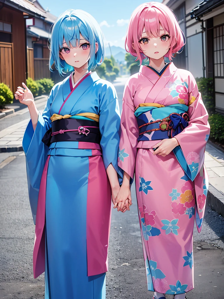 (masterpiece 1:1),(ultra hd picture), (pastel color palette), ((girl 1/girl 2) two Twin anime girls Short hair with different hair colors wearing japanese kimono with different color holding hands each other Love each other pose side by side), (girl 1 hair color pink mix with sky blue, primary hair color:pink, secondary hair color: sky blue, secondary hair color is a accent) ,(girl 1 kimono color blue with yellow accent).(Blue sky pastel hair girl)(girl 2 hair color sky blue mix with pink, primary hair color:sky blue, secondary hair color: pink, secondary hair color is a accent ),(girl 2 kimono color pink with yellow accent). Glowing eyes, HD results, best picture, cinematic angle, lovely expression, cute faces, Detail eyes, (4 fingers), Japan idols stages background.