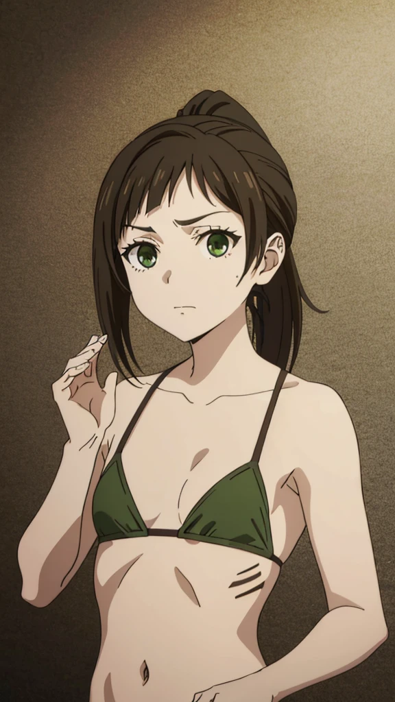 masterpiece, highres, solo, 8k, detailed, perfect face, best quality, (ultra high quality), looking viewers, (armpit), collarbone, bare arm, small breast, cleavage, dark brown hair, ponytail hair, green eyes, belly, stomach, navel, abs, micro bikini, slim body, upper body, emotionless, flat face, at forest, hands up