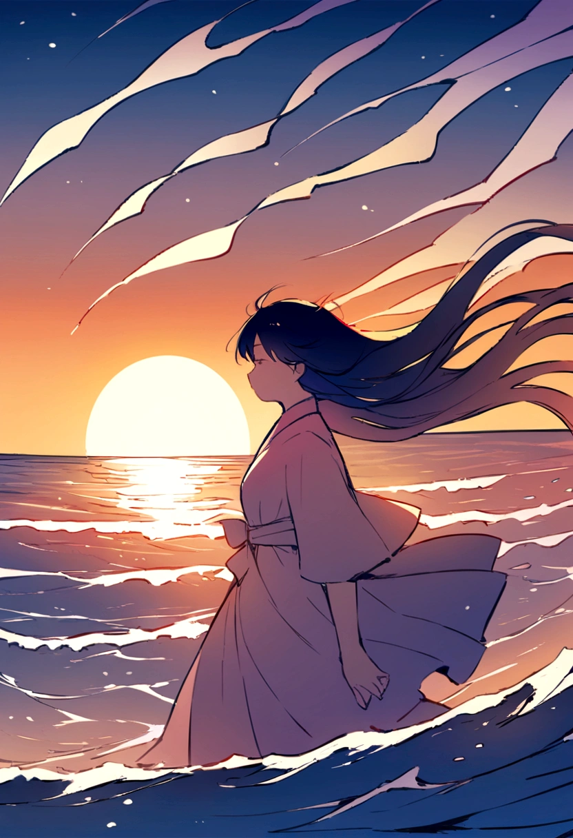 Illustration of a sunset landscape。With the sun setting in the distance、There is a girl character gazing at it.。In natural shades、Aim for a calming effect。By adding some moving wave and wind effects,、Expressing the rhythm of nature。