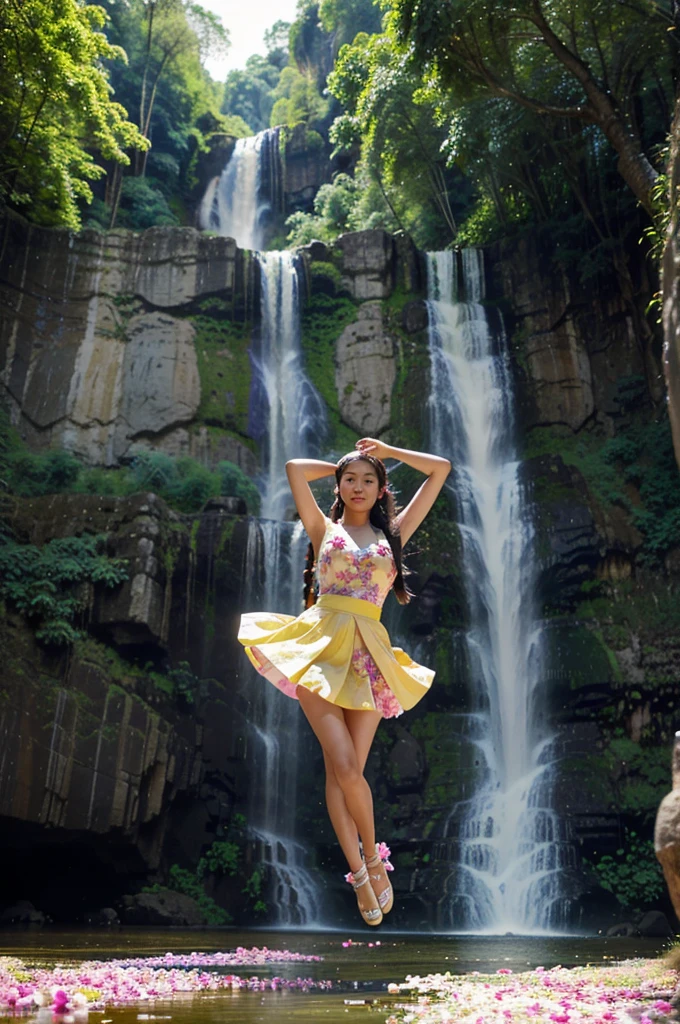 
Beautiful Indonesian woman with long braided hair, wearing a yellow Thai dress, blue, pink with a flowing skirt with unique flower petals, wearing white high heels, lift both legs up as if falling through the air. with a waterfall and pink trees in the background.