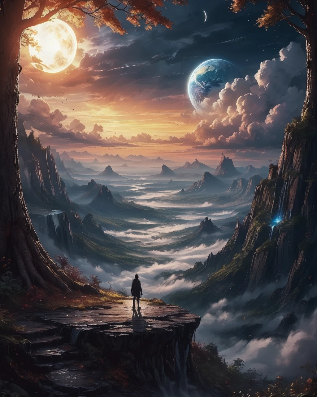 Dreamyvibes artstyle, an epic photograph of earth taken from the crest of the dark side of the moon