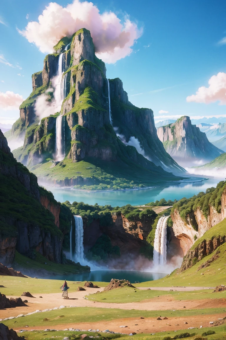 mountains with a waterfall and a few trees in the foreground, impressive fantasy landscape, an epic landscape, fantasy matte painting，cute, fantasy art landscape, most epic landscape, 4k hd matte digital painting, epic fantasy landscape, 4k highly detailed digital art, epic dreamlike fantasy landscape, epic landscape, 4 k matte painting, ross tran. scenic background