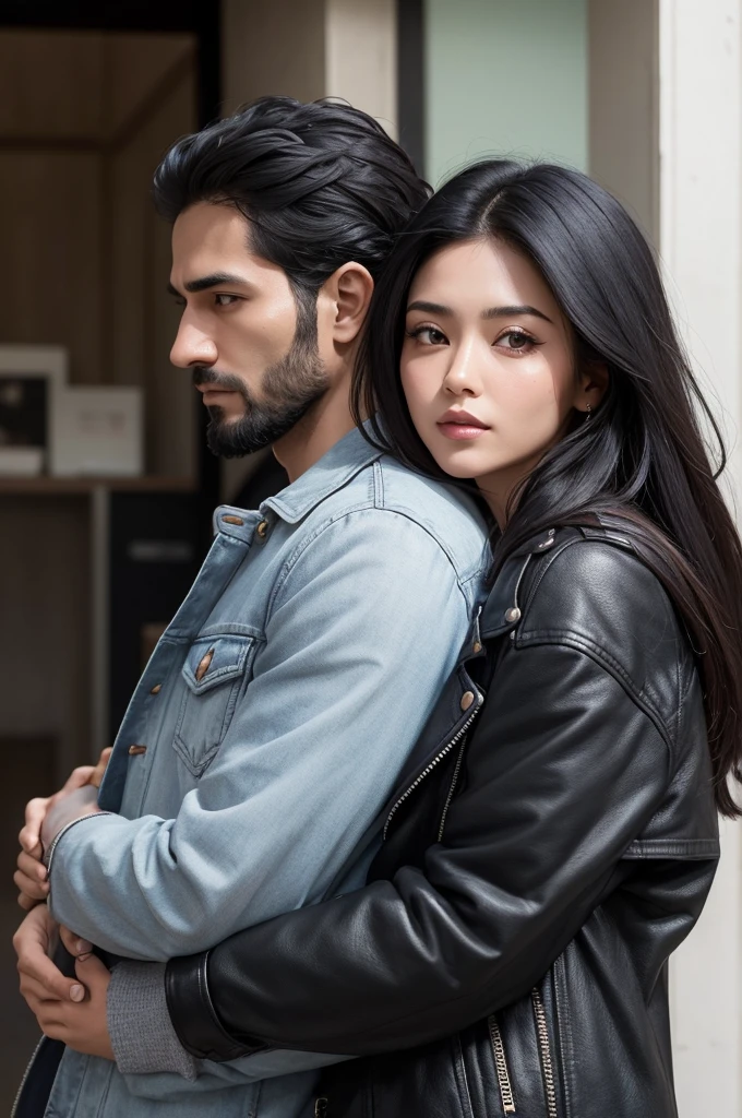 Oii, Bom dia. I would like a book cover style design, of a full body couple. He is around 35 years old, black hair and some cold white, barba, skin fair, is high, strong and is wearing a jacket. she is 20 years old, long dark hair, skin fair, is shorter and wears casual clothes. into the image, he is hugging her, Profile, and she is looking straight ahead with a serious expression. cheers