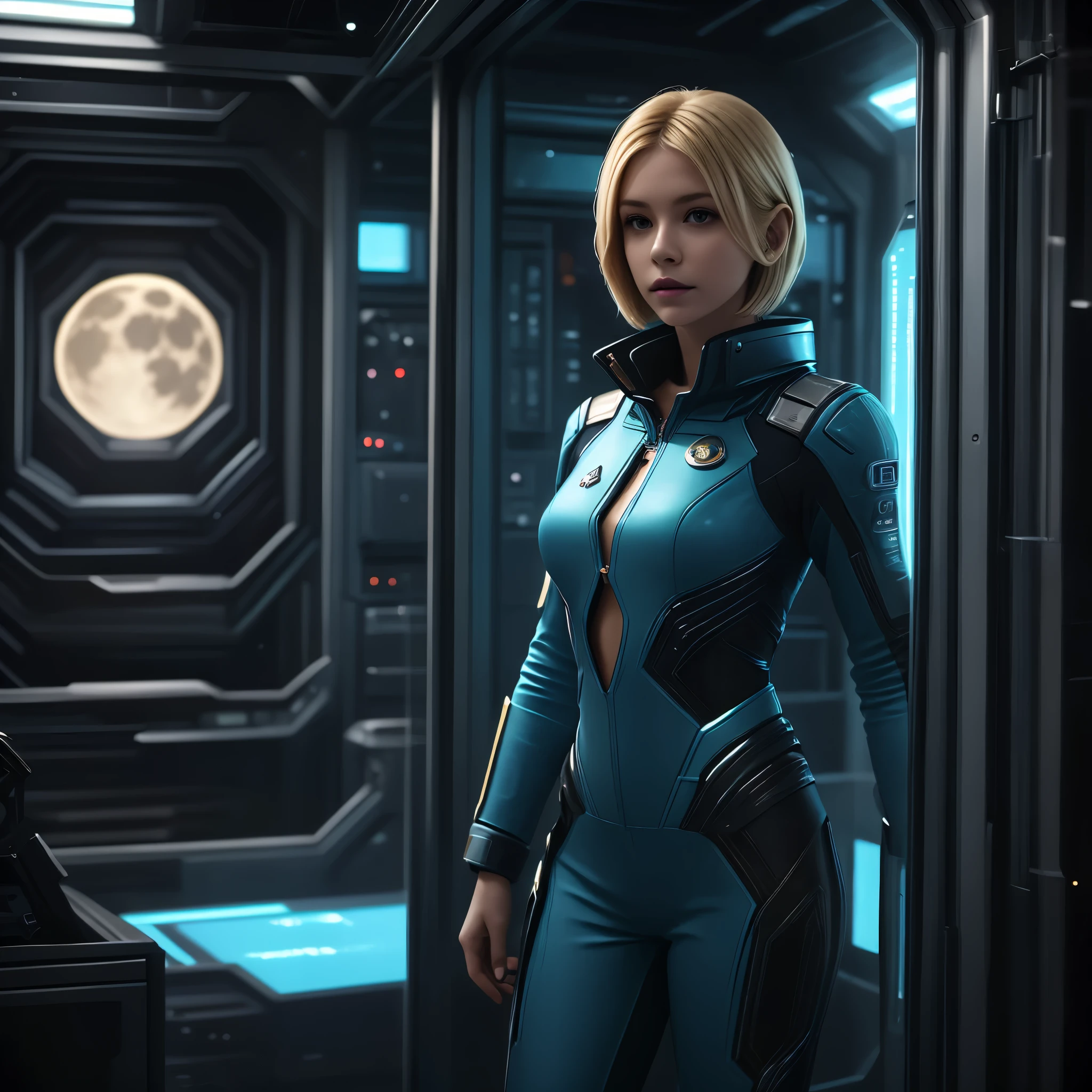 (masterpiece:1.4),(best quality,photorealistic), A beautiful Blonde woman with short hair, 48 years old, she is wearing a full length Teal space suit, she has perfect hands and face, ((she is standing in the door way of a giant space ship)), there computers and flight controls, and exclusive, Luxury, you can see a moon out of the window, space nebulas, planets, control panel, she is sitting in a large space, she wears a gold badge