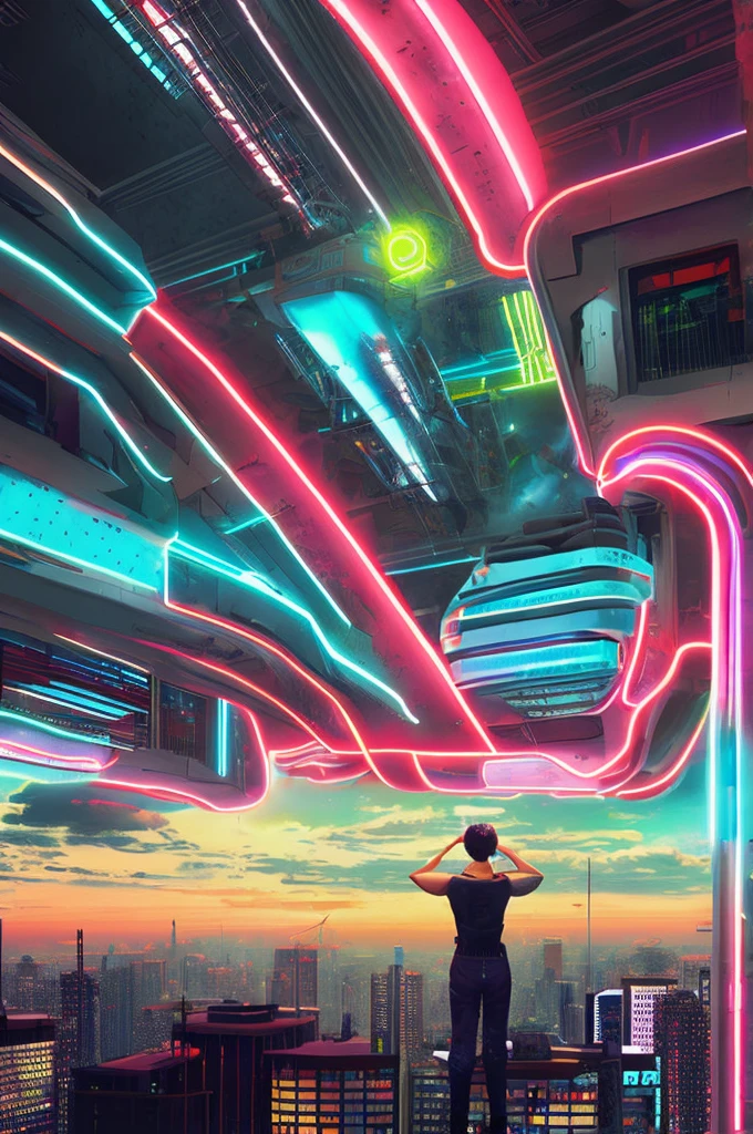 Cyberpunk Heaven, Volumetric, neon, cloud, Bright light, Angelic, Beautiful views