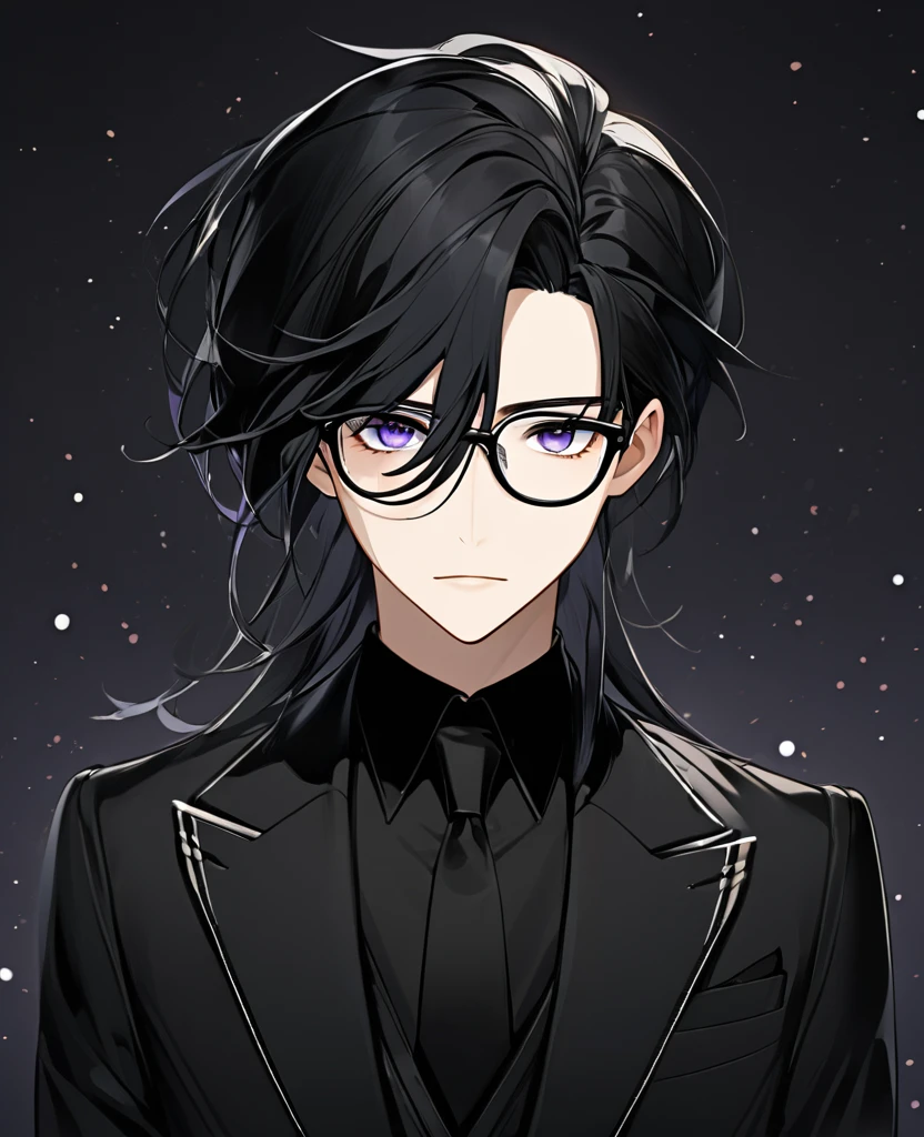  (black_hair), (black_eyes), (detailed_eyes), (attractive), (emotionless), (void_Space_background), (male), (wearing _a_black_suit), (long_male_hair), (detailed_Hair), (detailed), (detailed_mouth), (wears_glasses).