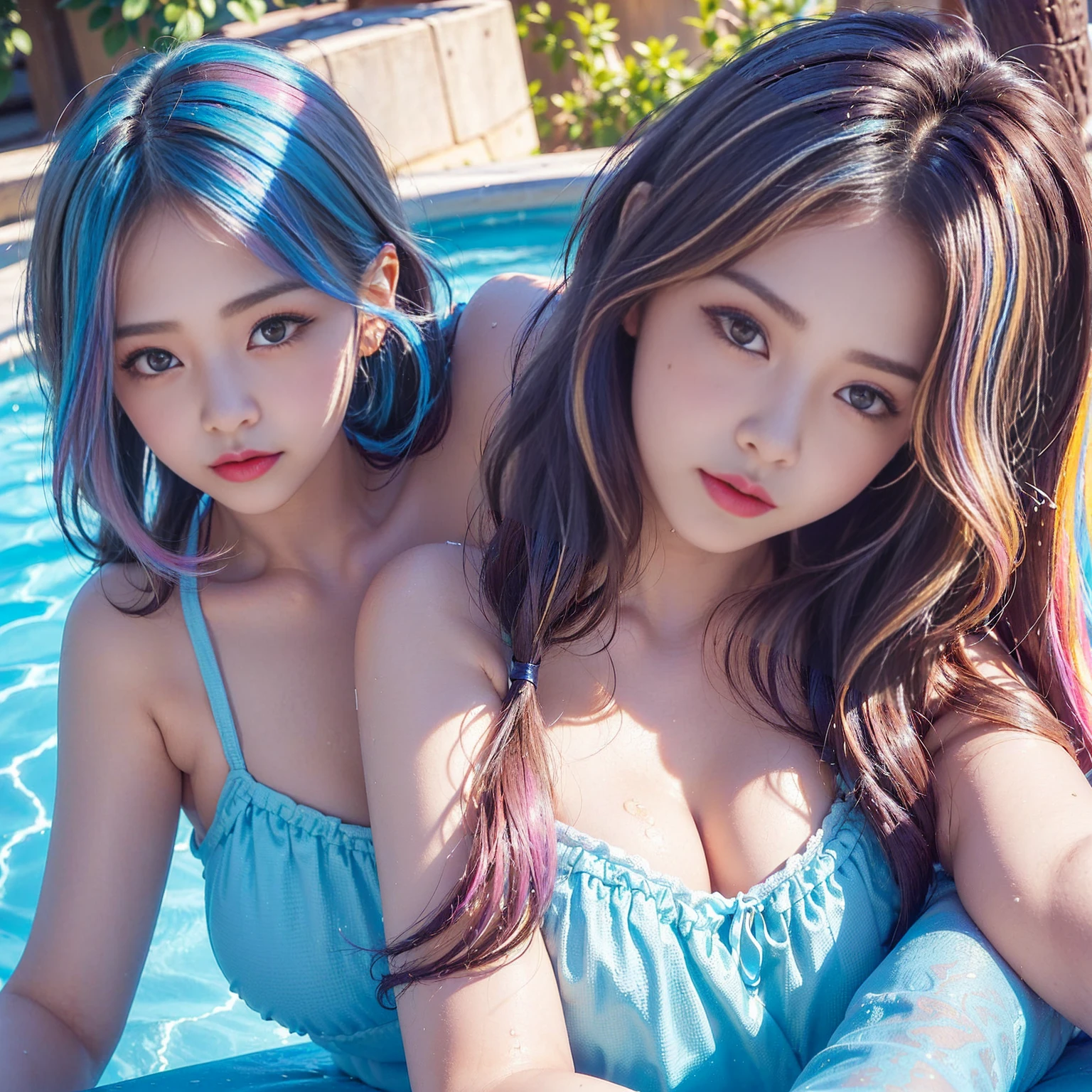 ((masterpiece)), (High detail, high quality, Best image quality), Depth of written boundary, Portraiture, Open Stance, (Cute illustrations:1.5), (Five non-virgin late teenage girls:1.9), (Poolside), (Various hair colors and different hairstyles:1.7), (Slimmer style), (They&#39;re all equally short:1.8), (Several girls of short stature:1.9), (double eyelid:1.8), Dawn, Beautiful light, (null), Professional Lighting, (Small breasts), Normal milk, (Black brown areola:1.3), (Small areola:1.4), (Colorful multicolored swimsuits:1.8), ((Low V-neck swimsuit that reaches down to the waistline:1.9, High leg cut swimsuit:1.9, Slingshot swimwear:1.9)), (Extremely revealing swimsuit:1.5), (null気のように乳首と乳輪まで透き通って見える水着:2.0), (Cute girl with a round face:1.5), (A girl as cute as a Japanese idol:1.5), sexy, Dynamic pose, (smile), Dynamic Angle, Underarm