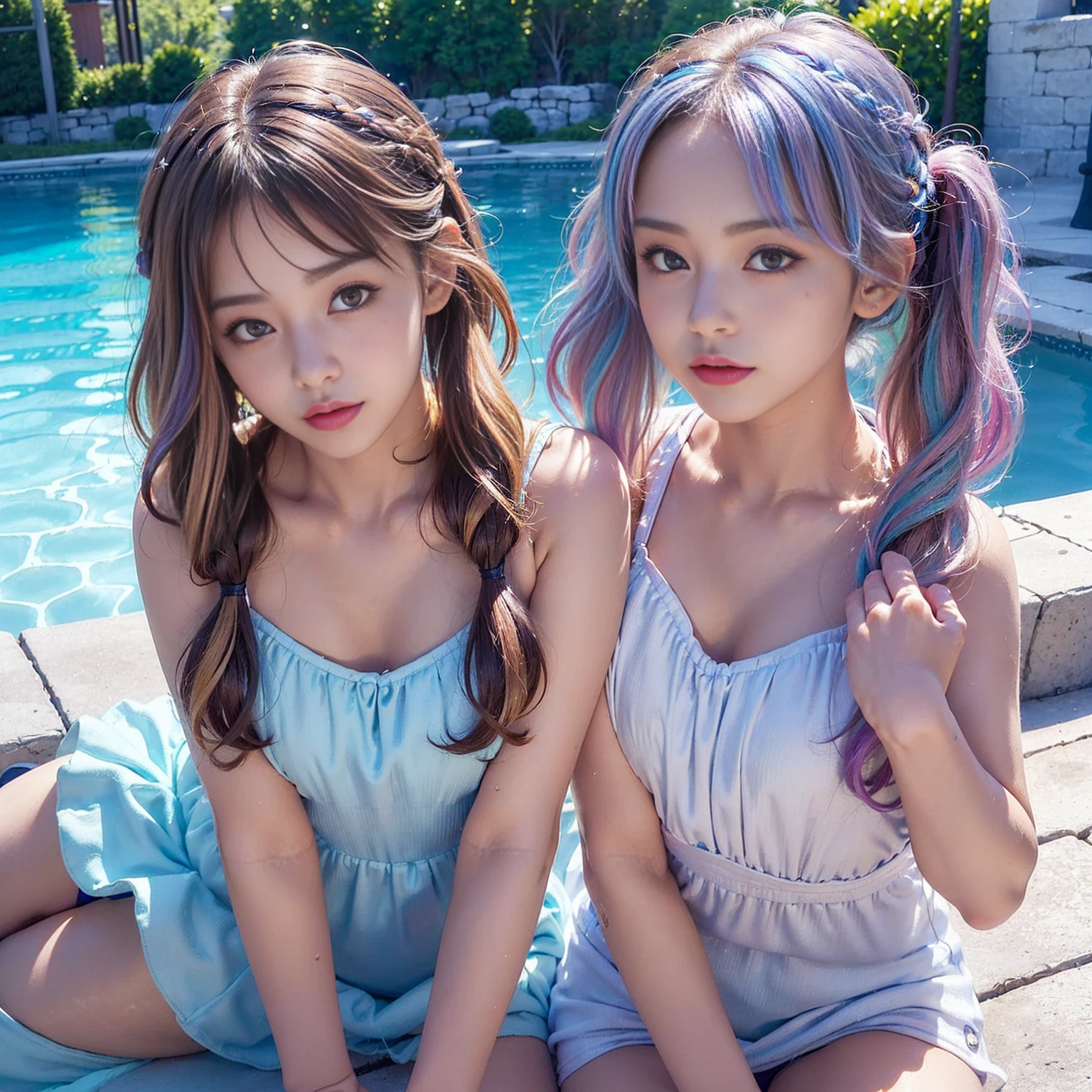 ((masterpiece)), (High detail, high quality, Best image quality), Depth of written boundary, Portraiture, Open Stance, (Cute illustrations:1.5), (Five non-virgin late teenage girls:1.9), (Poolside), (Various hair colors and different hairstyles:1.7), (Slimmer style), (They&#39;re all equally short:1.8), (Several girls of short stature:1.9), (double eyelid:1.8), Dawn, Beautiful light, (null), Professional Lighting, (Small breasts), Normal milk, (Black brown areola:1.3), (Small areola:1.4), (Colorful multicolored swimsuits:1.8), ((Low V-neck swimsuit that reaches down to the waistline:1.9, High leg cut swimsuit:1.9, Slingshot swimwear:1.9)), (Extremely revealing swimsuit:1.5), (null気のように乳首と乳輪まで透き通って見える水着:2.0), (Cute girl with a round face:1.5), (A girl as cute as a Japanese idol:1.5), sexy, Dynamic pose, (smile), Dynamic Angle, Underarm