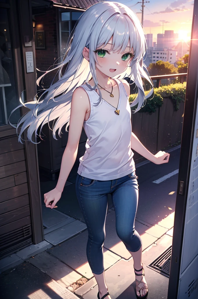 index, index, (Green Eyes:1.5), Silver Hair, Long Hair, (Flat Chest:1.2)happy smile, smile, Open your mouth,v neck tank top shirt,Skinny jeans,Cute Sandals,Rocket Pendant,walking,sunset,evening,The sun goes down,whole bodyがイラストに入るように,
break looking at viewer, whole body,
break outdoors, Area,
break (masterpiece:1.2), Highest quality, High resolution, unity 8k wallpaper, (shape:0.8), (Beautiful attention to detail:1.6), Highly detailed face, Perfect lighting, Highly detailed CG, (Perfect hands, Perfect Anatomy),