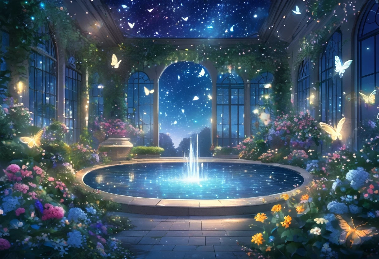 ((Highest quality)),((high-res)),night, Starry Sky, A magical indoor garden, moon, sculpture,relief,Sparkling water fountain, Lots of flowers, Glowing Butterfly, The background is a garden with petals and papas flying around