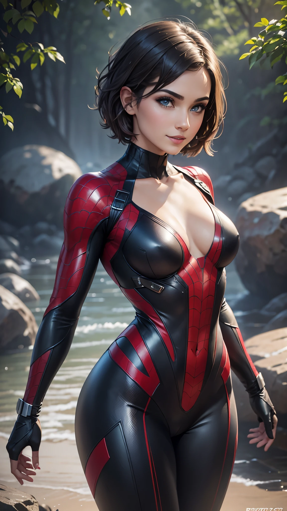 beautiful sexy girl, short brunette hair, purple eyes, Spider-Man 2099 costume, bright smile, cobweb, lightning, (best quality,4k,8k,highres,masterpiece:1.2),ultra-detailed,(realistic,photorealistic,photo-realistic:1.37),digital art, fantasy, dynamic pose