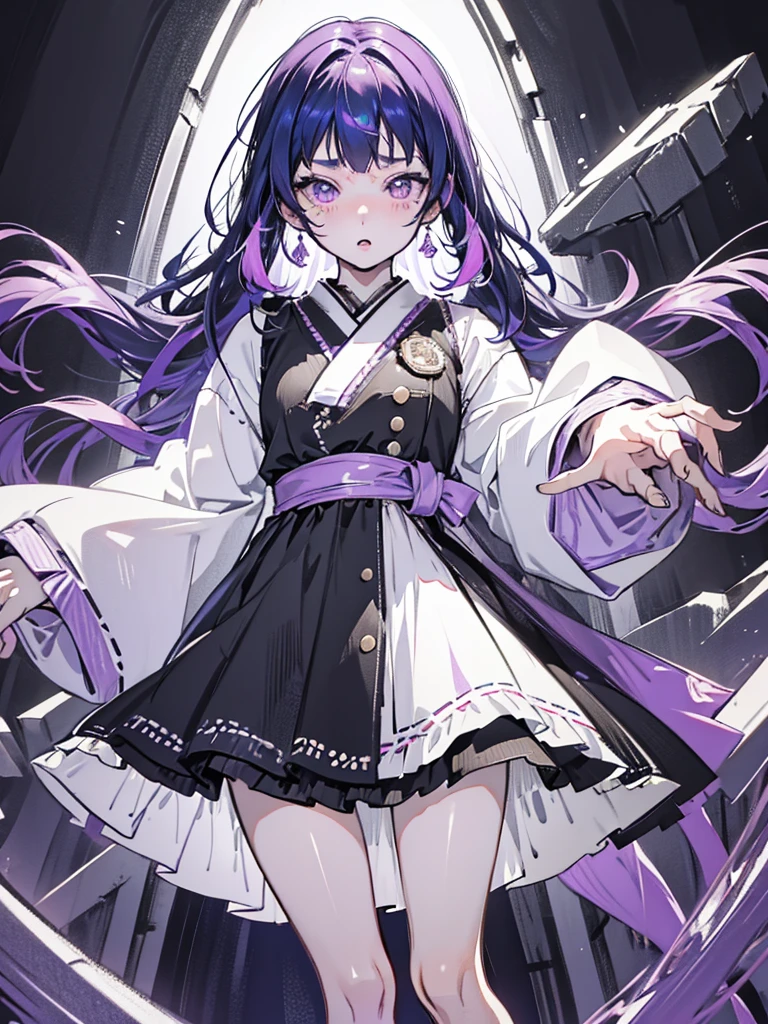 A 20-year-old Japanese girl with long purple hair and one purple eye and one black eye. She plays in a rock band and usually wears black-pink loli dresses. She has pale skin