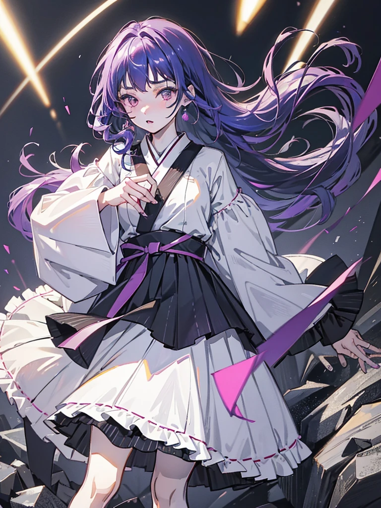 A 20-year-old Japanese girl with long purple hair and one purple eye and one black eye. She plays in a rock band and usually wears black-pink **** dresses. She has pale skin