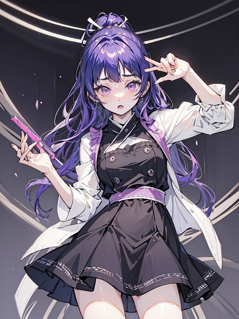 A 20-year-old Japanese girl with long purple hair and one purple eye and one black eye. She plays in a rock band and usually wears black-pink loli dresses. She has pale skin