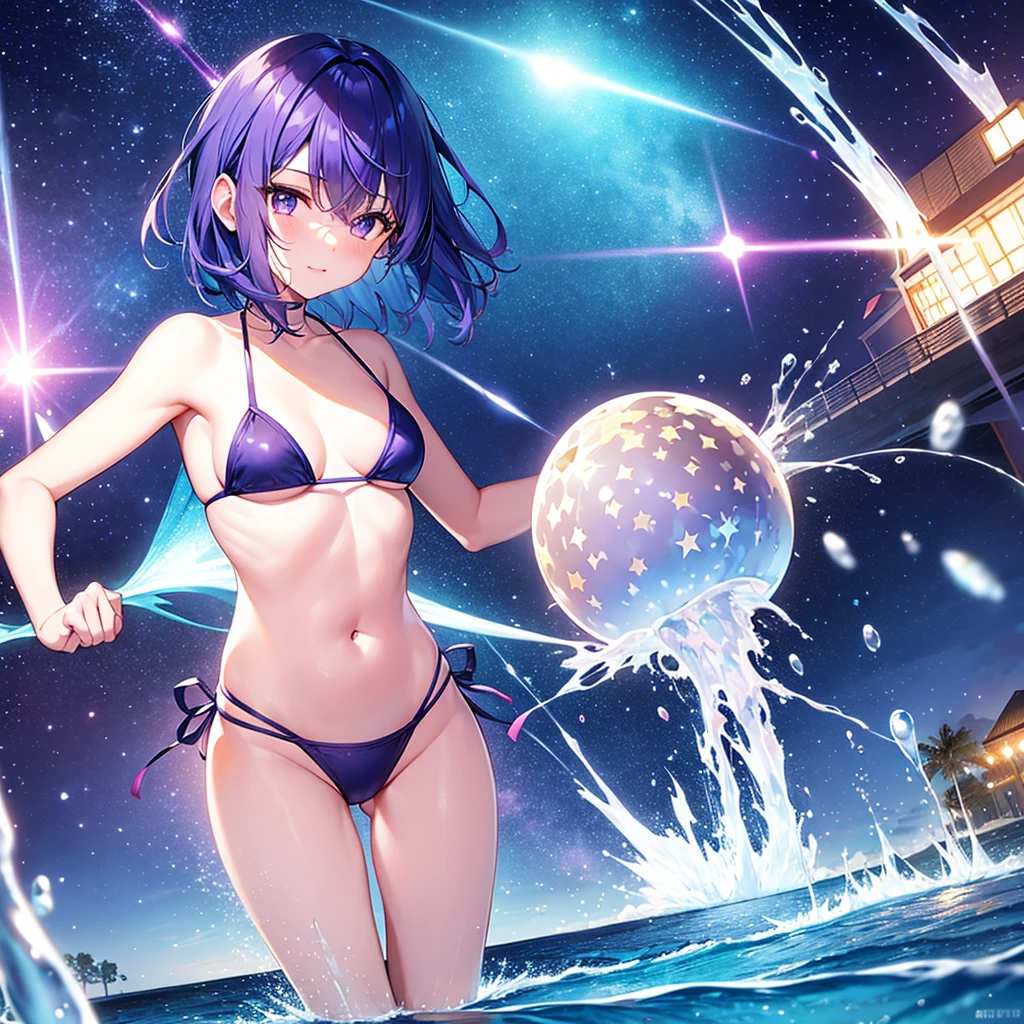 Short blue hair, purple eyes, starry sky, night, bikini, beach, water powers, levitating and shining water drops, cute, sweet