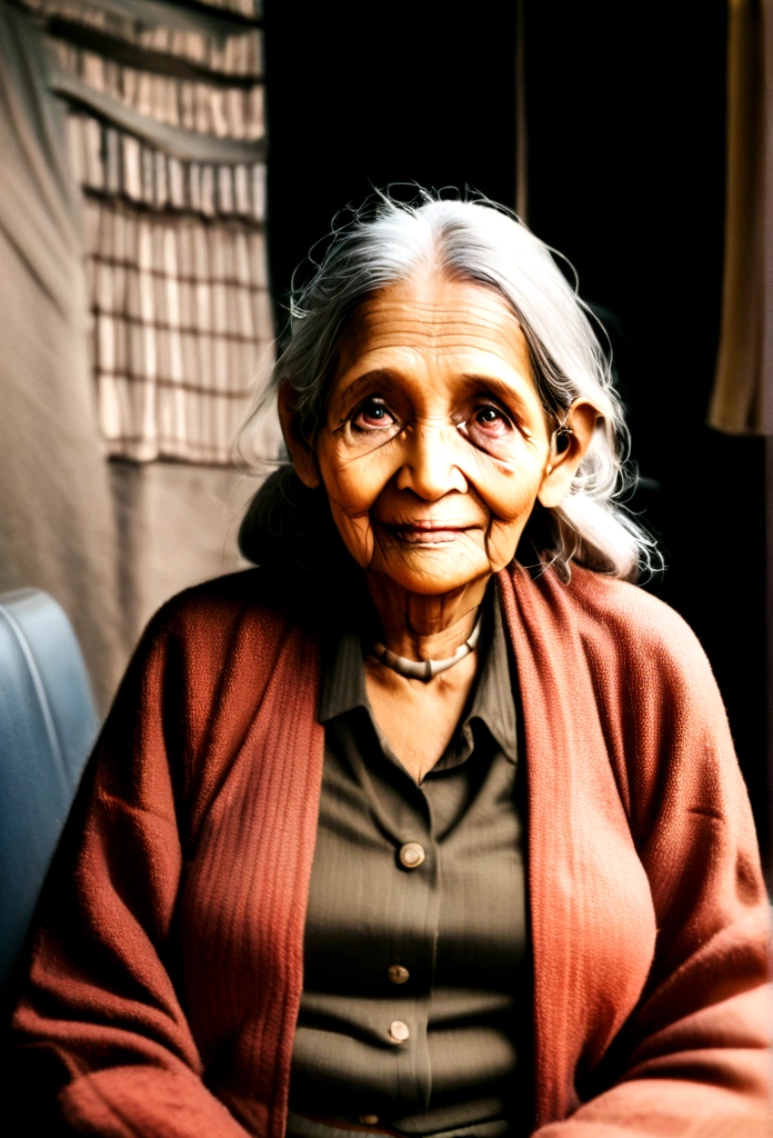 An indian old woman, telling stories style photo, realistic photo,60 to 70 age old woman, South Indian traditional looking photo, intelligent old woman, and beautiful old woman telling stories in lighting room,and study areas sitting.