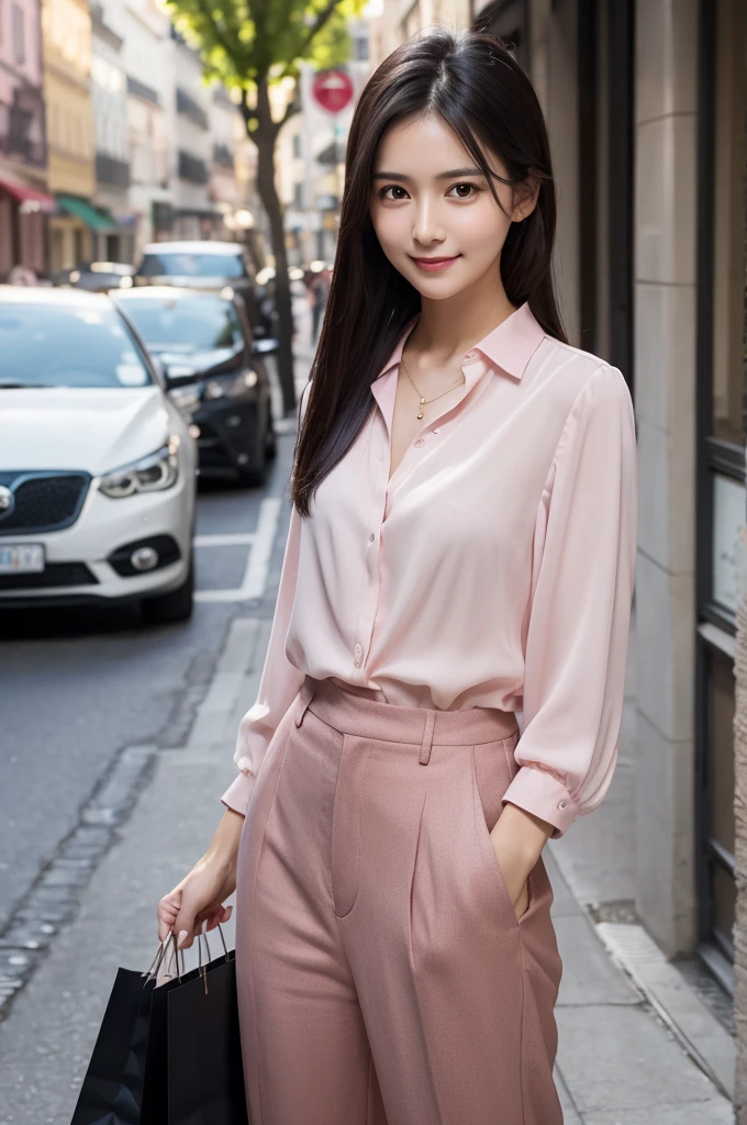Pink blouse,Brown pants,24-years-old,OL,Black Hair,Straight Hair,ponytail,Dark Eyes,Small Face,Clean eyes,Small Mouth,slender,Young face,Lori,Flat chest,Shopping Street,live-action,Realistic photos,8K,Smile,Ultra HD,Standing posture,whole body,bag,