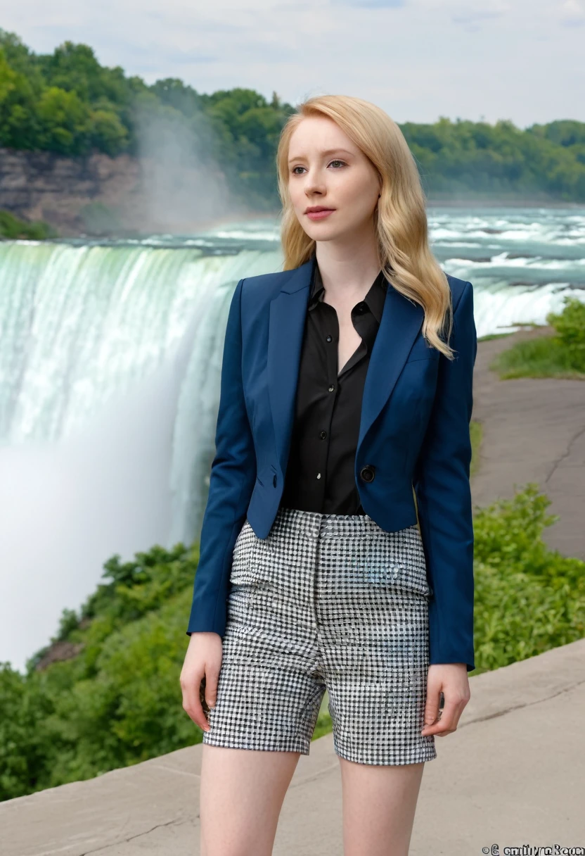 full_Body, Stand, sandals, (suit), Hose, (Niagara Falls), (emily18: 1.2), perfect face, (Contact Iris: 1.1), pale skin, Hautporen , depth of field