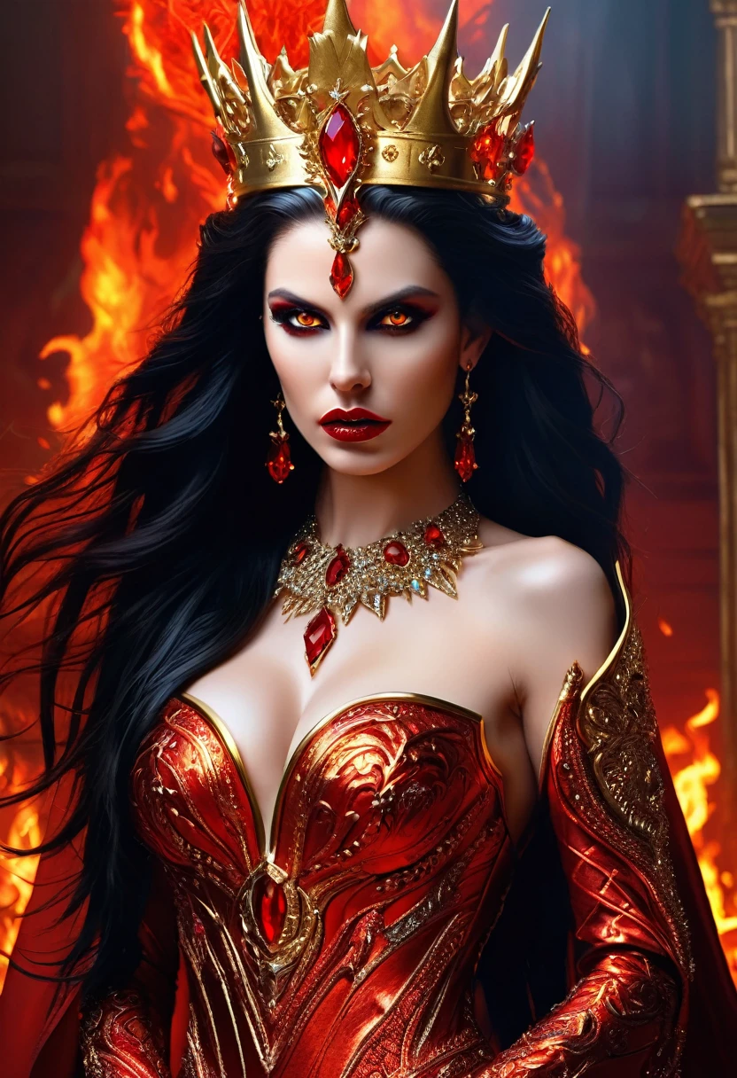 Arafed a picture of the queen of demons, in the halls of hell, a demons queen magnificent and full of awe, black hair, long hair, flowing hair, bold intense eyes, extremely exquisite beautiful queen, perfect body, (anatomically correct: 1.3), ultra feminine, ultra detailed face, black lips, fiery glowing eyes, (demonic horns from head: 1.1) , (red skin: 1.1), dynamic angle, there is (golden crown on her head: 1.1) , studded with diamonds and rubies, the hall of the queen of hell background, (masterpiece: 1.4) intense details, highly detailed, photorealistic, best quality, highres,16k, [ultra detailed], masterpiece, best quality, (extremely detailed), close up, ultra wide shot, photorealistic, RAW, fantasy art, dnd art, fantasy art, realistic art,((best quality)), ((masterpiece)), (detailed: 1.5)
