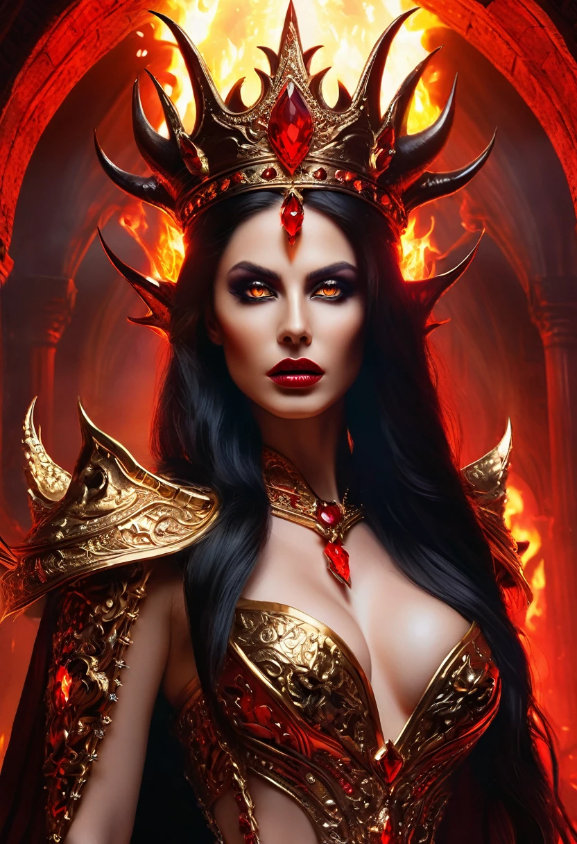 Arafed a picture of the queen of demons, in the halls of hell, a demons queen magnificent and full of awe, black hair, long hair, flowing hair, bold intense eyes, extremely exquisite beautiful queen, perfect body, (anatomically correct: 1.3), ultra feminine, ultra detailed face, black lips, fiery glowing eyes, (demonic horns from head: 1.1) , (red skin: 1.1), dynamic angle, there is (golden crown on her head: 1.1) , studded with diamonds and rubies, the hall of the queen of hell background, (masterpiece: 1.4) intense details, highly detailed, photorealistic, best quality, highres,16k, [ultra detailed], masterpiece, best quality, (extremely detailed), close up, ultra wide shot, photorealistic, RAW, fantasy art, dnd art, fantasy art, realistic art,((best quality)), ((masterpiece)), (detailed: 1.5)