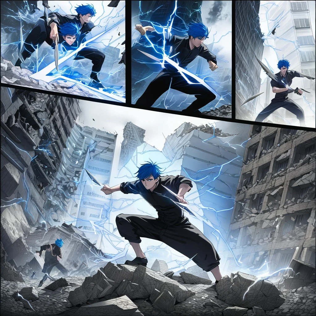 ((highest quality)), ((masterpiece)), ((detailed)), A dynamic scene featuring a man with blue hair and blue eyes in an intense pose, hurling knives charged with lightning at dark, shadowy demonic creatures composed of smoke , set against the backdrop of a city in ruins and rubble, comic ebook storyboard, three panels HQ, dramatic action sequence, high resolution