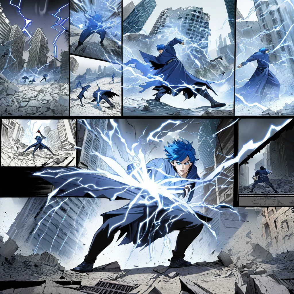 ((highest quality)), ((masterpiece)), ((detailed)), A dynamic scene featuring a man with blue hair and blue eyes in an intense pose, hurling knives charged with lightning at dark, shadowy demonic creatures composed of smoke , set against the backdrop of a city in ruins and rubble, comic ebook storyboard, three panels HQ, dramatic action sequence, high resolution