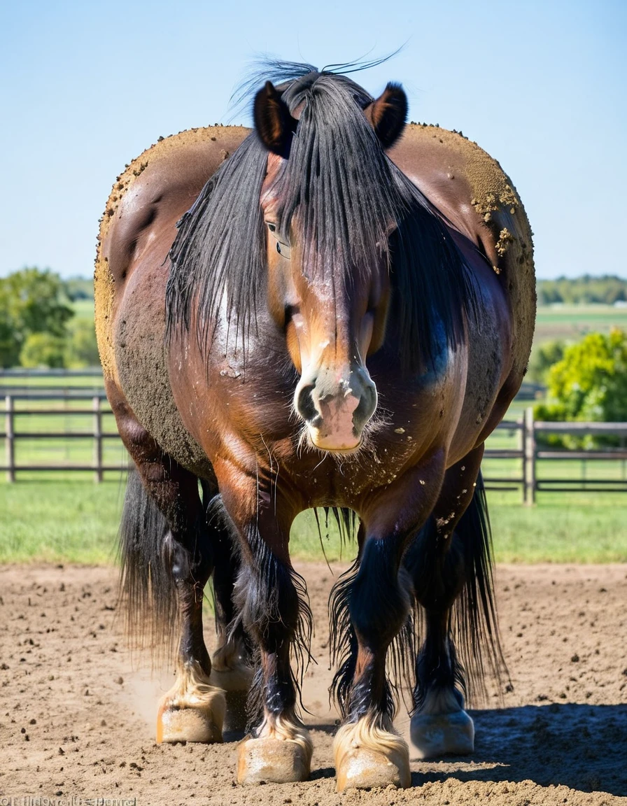 full rear view of large draft horse stallion with lumps of horse dung oozing out of a big bum. facing away from view point.