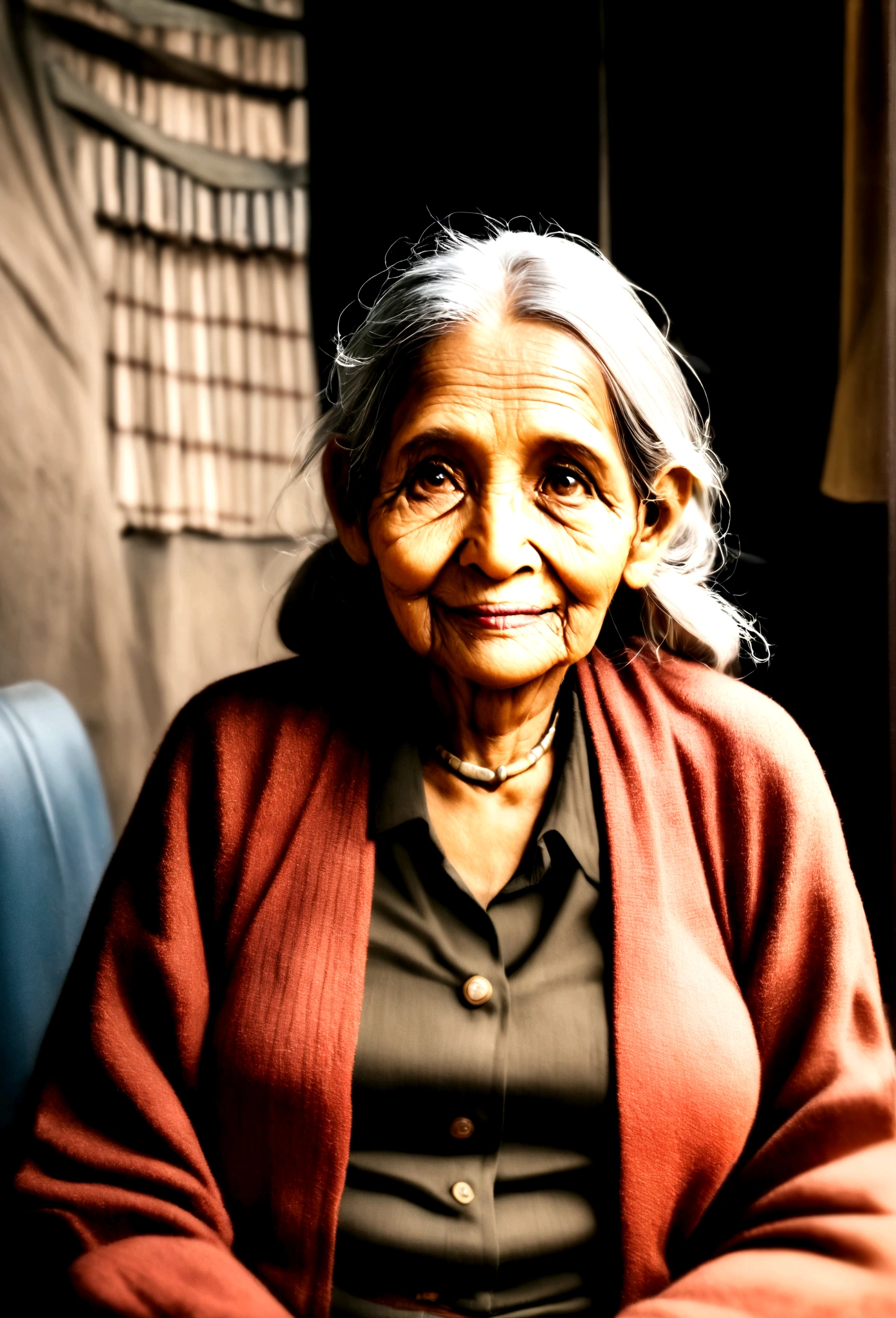An indian old woman, telling stories style photo, realistic photo,60 to 70 age old woman, South Indian traditional looking photo, intelligent old woman, and beautiful old woman telling stories in lighting room,and study areas sitting.