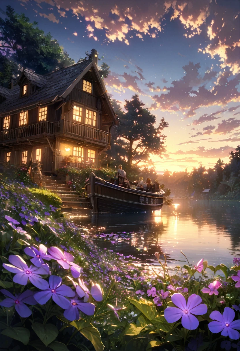 Detailed Background,( Calm spring night view), Surrounded by lush greenery, Beautiful views, Creeping Phlox in full bloom, Creeping Phlox, early morning, Sunrise Sky, Beautiful Clouds, Speckled sunlight, Outside the house, lamp, Quiet Lake, Boat on the lake, Depth of written boundary, masterpiece, Highest quality, Very detailed, so beautiful, figure, Perfect composition, Intricate details, Absurd, Mood Lighting, Grains of Light, No humans,Ray Tracing