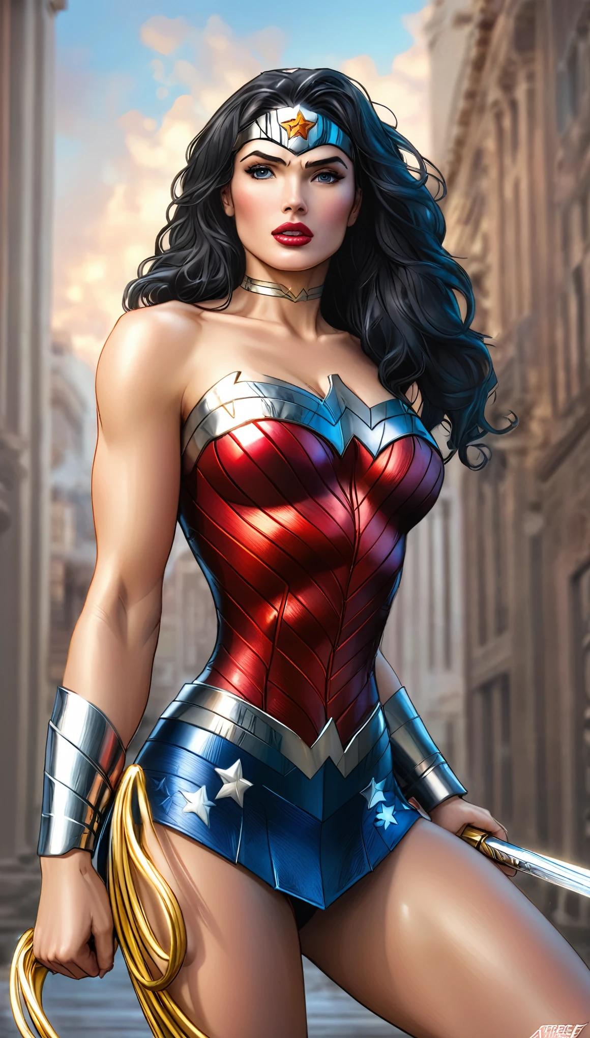 ( Masterpiece, 4k resolution, ultra-realistic, very detailed)  Sexy beautiful Wonder Woman (New 52) . portrait photography by artgerm, in the style of realism, glistening skin, cartooncore, mangacore, natural lighting, Defined full lips. fitness feminine body full body 