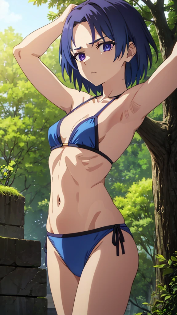 masterpiece, highres, solo, 8k, detailed, perfect face, best quality, (ultra high quality), looking viewers, (armpit), collarbone, bare arm, small breast, cleavage, dark blue hair, gradation hair color, short hair, violet eyes, belly, stomach, navel, abs, micro bikini, slim body, upper body, emotionless, flat face, at forest, hands up