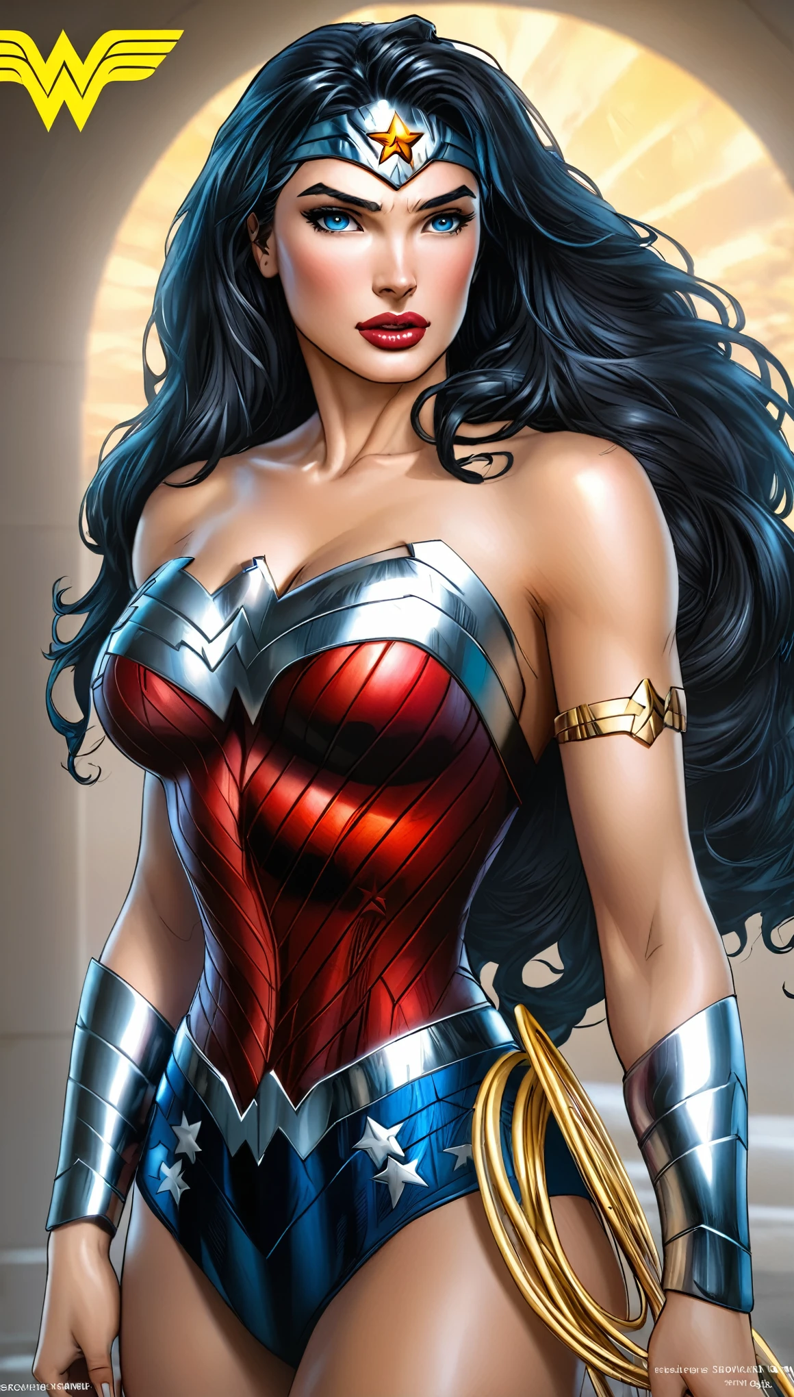 ( Masterpiece, 4k resolution, ultra-realistic, very detailed)  Sexy beautiful Wonder Woman (New 52) . portrait photography by artgerm, in the style of realism, glistening skin, cartooncore, mangacore, natural lighting, Defined full lips. fitness feminine body full body 