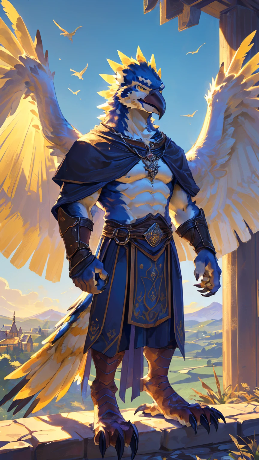 ((middle Ages:1.3))，【Sky background:1.6】，(Royal Family:1.2)，((sunny:1.4))，high resolution，4K，【9:16 Whole body:1.1，posture:1.5】，masterpiece，high quality，((Griffin))，male，Furry，(teenager:1.3)，hairy，((Fierce and vicious:1.4))，(((，Lean:1.2，Big Wings:1.3，Bird claws子:1.3)))，(((White upper body:1.4)))，(((White Wings:1.3)))，(((Yellow pupil:1.2)))，(((Bird claws:1.3)))，(((Lower Body:1.3)))，((No shirt，No underwear))，Exquisite eyes，Detailed body，Detailed claws，Detailed feet，Kenket&#39;s Art
