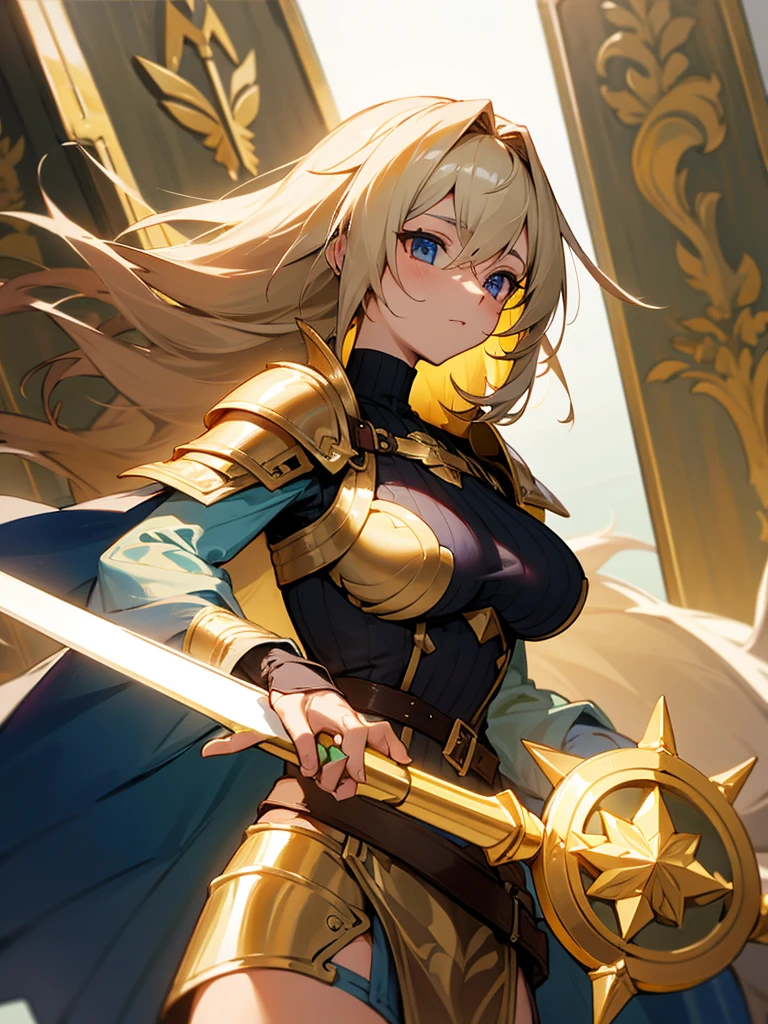 Paladin,beautiful breasts,holding shield,spear,Hair Color is gold,hair style is sideponytali, high Quality,best quality