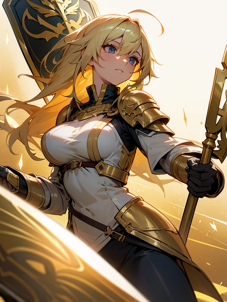 Paladin,beautiful breasts,holding shield,spear,Hair Color is gold,hair style is sideponytali, high Quality,best quality