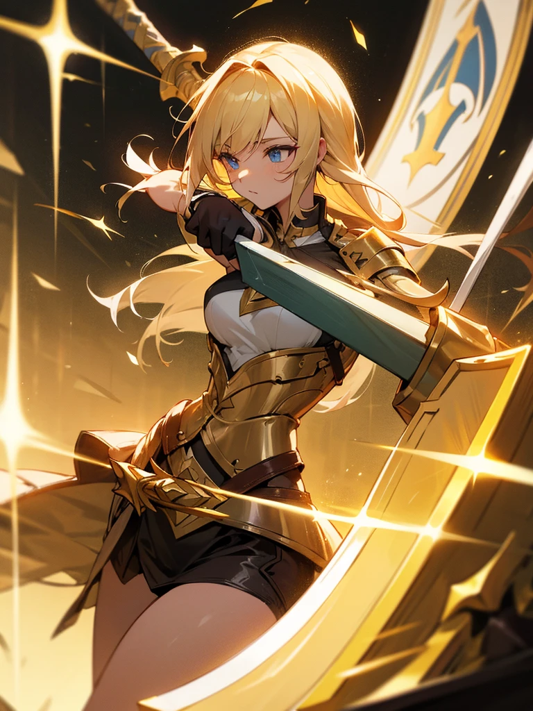 Paladin,beautiful breasts,holding shield,spear,Hair Color is gold,hair style is sideponytali, high Quality,best quality
