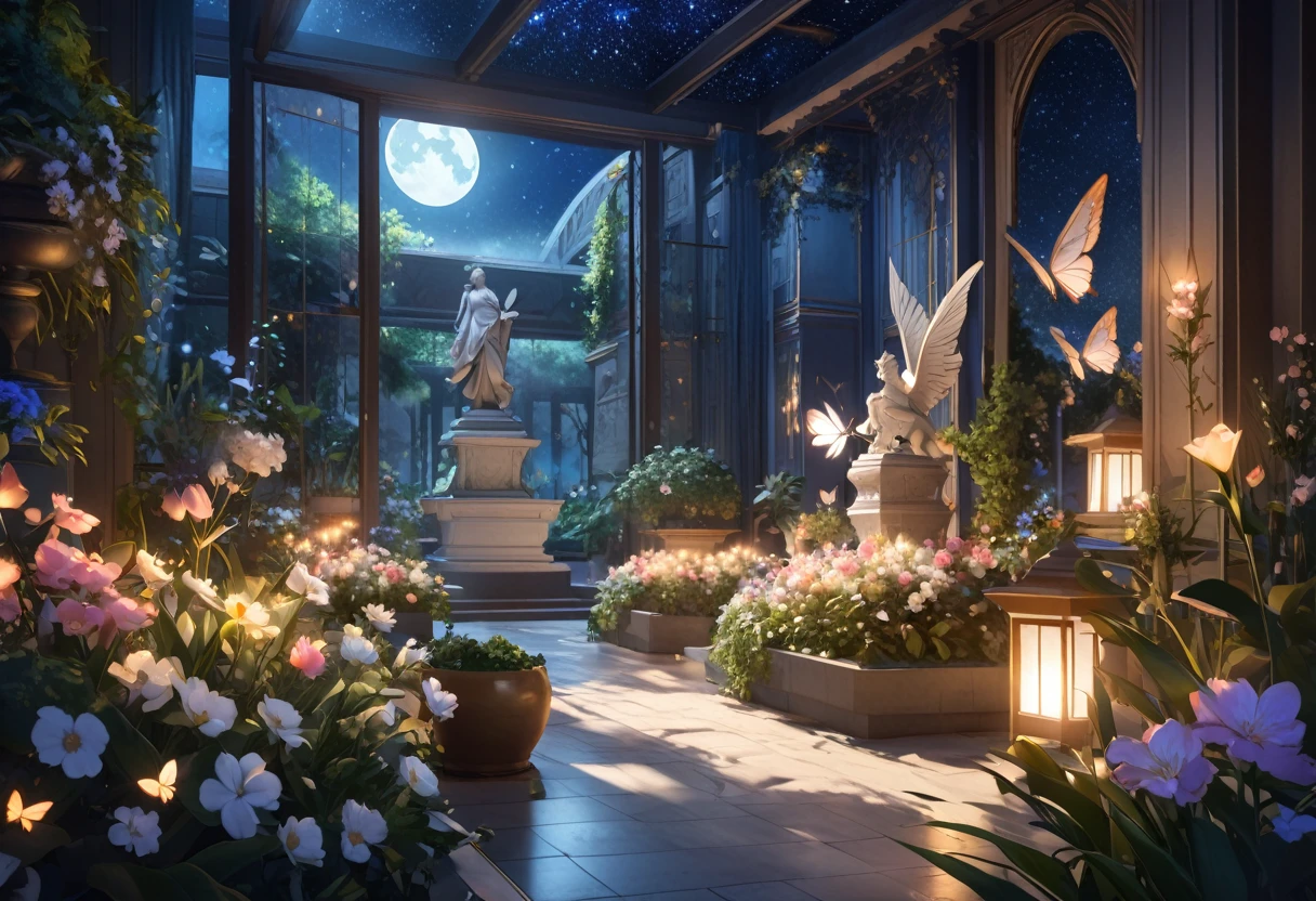 ((Highest quality)),((high-res)),night, Starry Sky, A magical indoor garden, moon, sculpture,relief,Lots of flowers, Glowing Butterfly, The background is a garden with petals and papas flying around