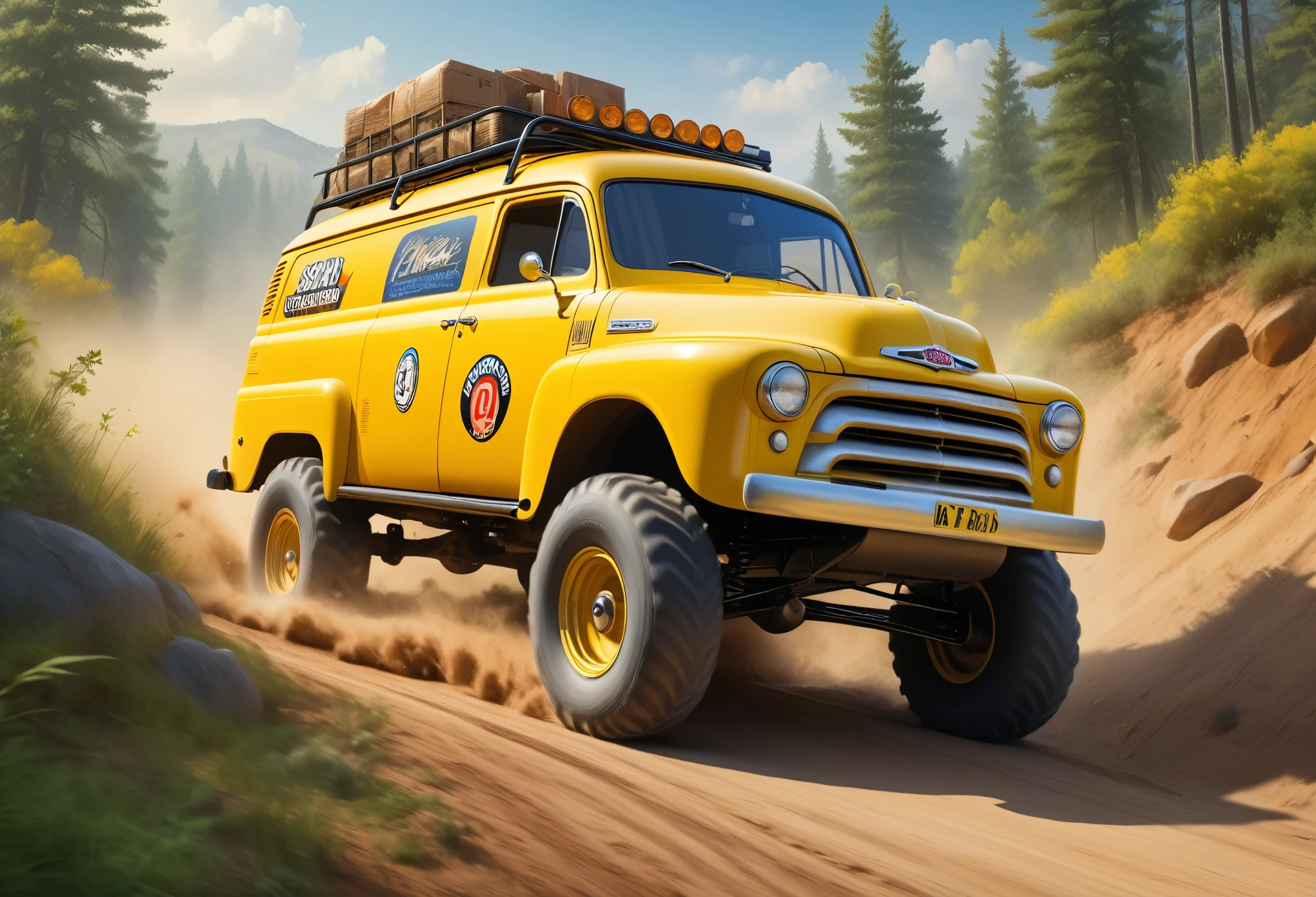(masterpiece:1.2),(Highest quality),(Very detailed:1.3),(High resolution),8K,wallpaper,An off-road car is racing down a rough road,((Depicting a sense of speed)),front,(Yellow 1950s American panel van),(Dynamic driving of off-road cars:1.3),(Jump),(cool illustration:1.2),Radio-controlled box art,Tamiya Style,(Detailed car depictions:1.2),(A depiction of one off-road vehicle:1.5)