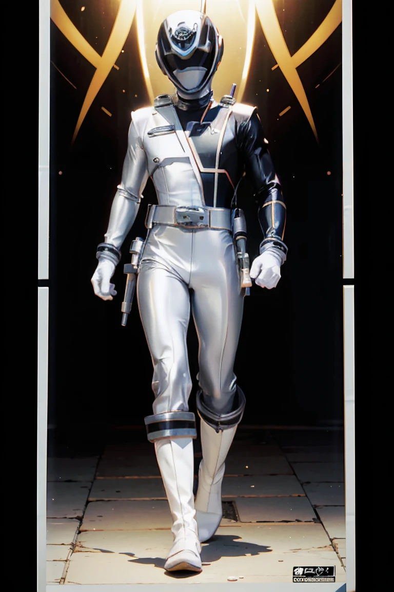 1boy, white, full body, Illustration, cinematic light, high resolution, best quality, ultra detailed, masterpiece, power suit, powerranger, suit, spd, (silver royal guard ranger suit)), gold detail