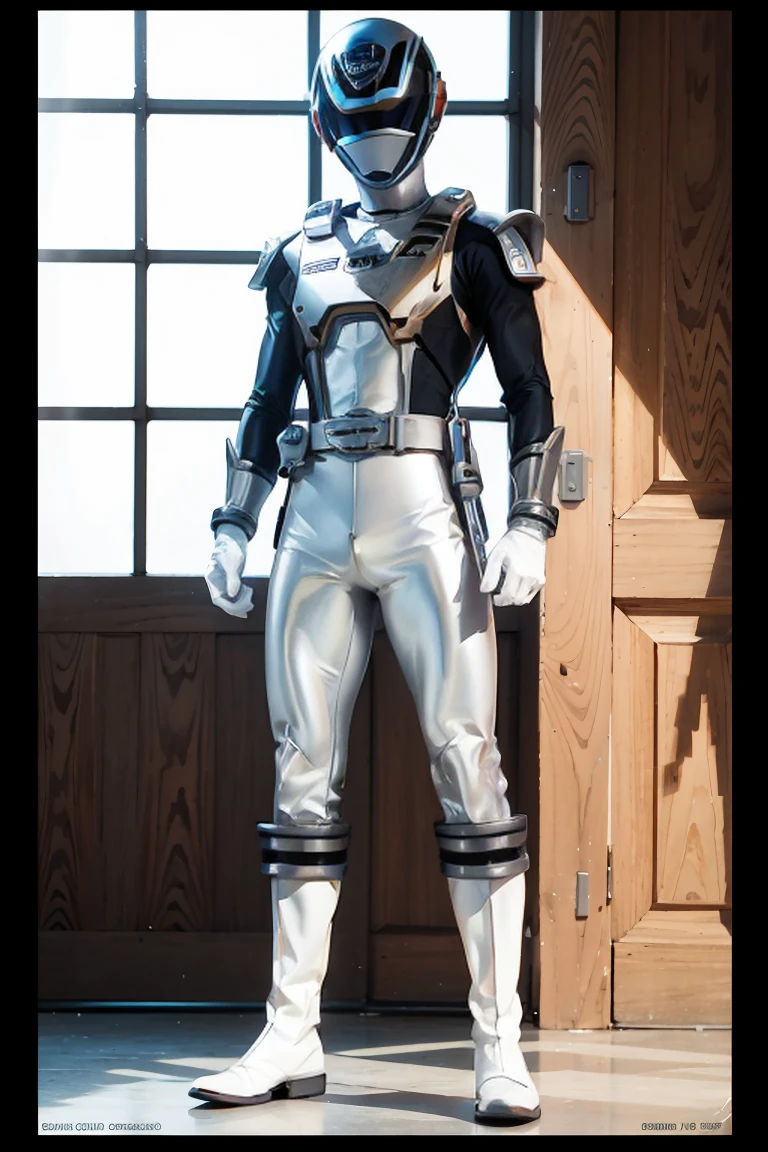 1boy, white, full body, Illustration, cinematic light, high resolution, best quality, ultra detailed, masterpiece, power suit, powerranger, suit, spd, (silver royal guard ranger suit)), gold detail