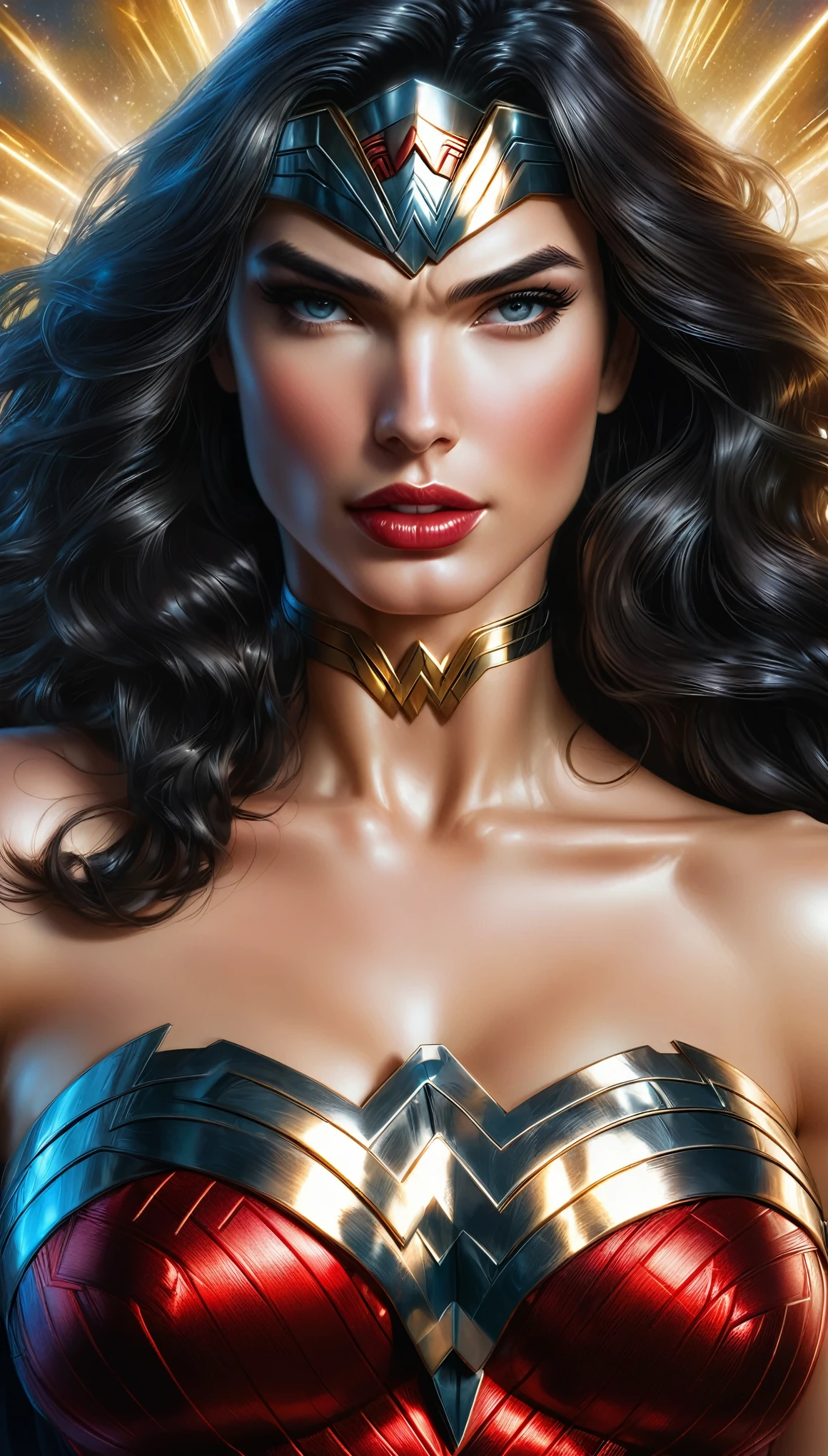 ( Masterpiece, 4k resolution, ultra-realistic, very detailed)  Sexy beautiful Wonder Woman (New 52) . portrait photography by artgerm, in the style of realism, glistening skin, cartooncore, mangacore, natural lighting, Defined full lips. fitness feminine body full body  Wonder Woman (New 52)
