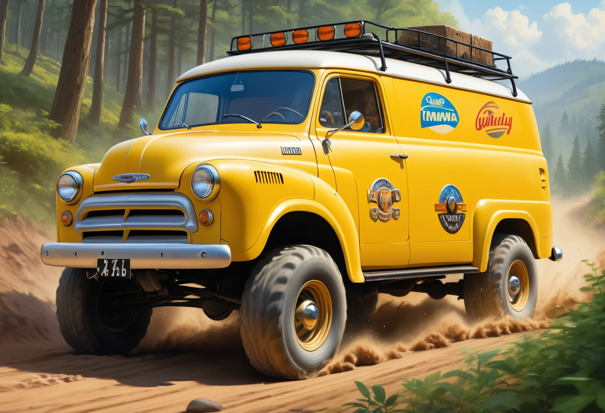 (masterpiece:1.2),(Highest quality),(Very detailed:1.3),(High resolution),8K,wallpaper,An off-road car is racing down a rough road,((Depicting a sense of speed)),front,(Yellow 1950s American panel van),(Dynamic driving of off-road cars:1.3),(Jump),(cool illustration:1.2),Radio-controlled box art,Tamiya Style,(Detailed car depictions:1.2),(A depiction of one off-road vehicle:1.5)