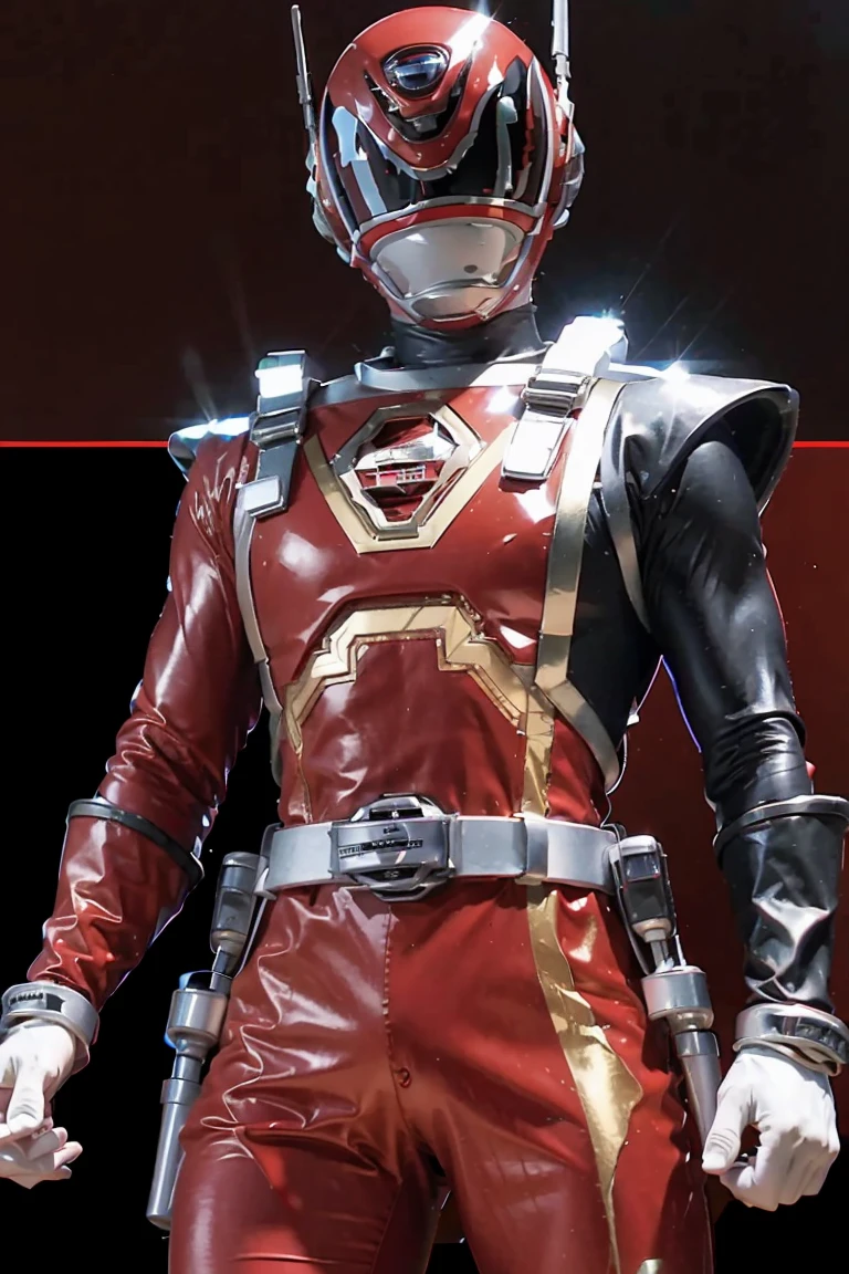 Fantasy background, space, planet exploration, , (power rangers)), One guy、, ((red ranger suit)), chest armor with gold details, costume, Solo, ((fit figure)), (Anatomically correct), Cowboy shot, masked face, guns, muscular build