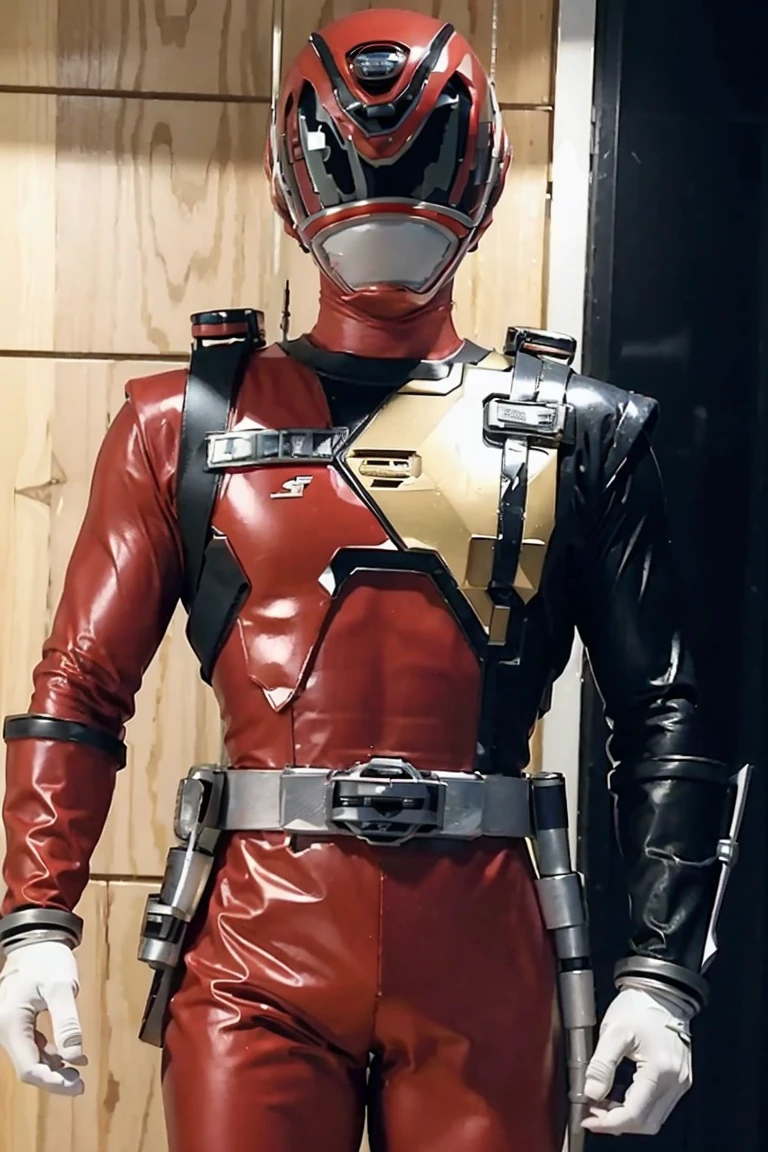 Fantasy background, space, planet exploration, , (power rangers)), One guy、, ((red ranger suit)), chest armor with gold details, costume, Solo, ((fit figure)), (Anatomically correct), Cowboy shot, masked face, guns, muscular build
